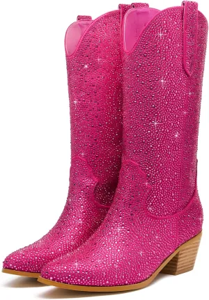 Sparkle Rhinestone Cowboy Boots for Women Mid Calf Western Wide Calf Short Cowgirl Boots Fashion Pointed Toe Glitter Bling Pull on Zipper Chunky Boots Retro Classic Wedding Party