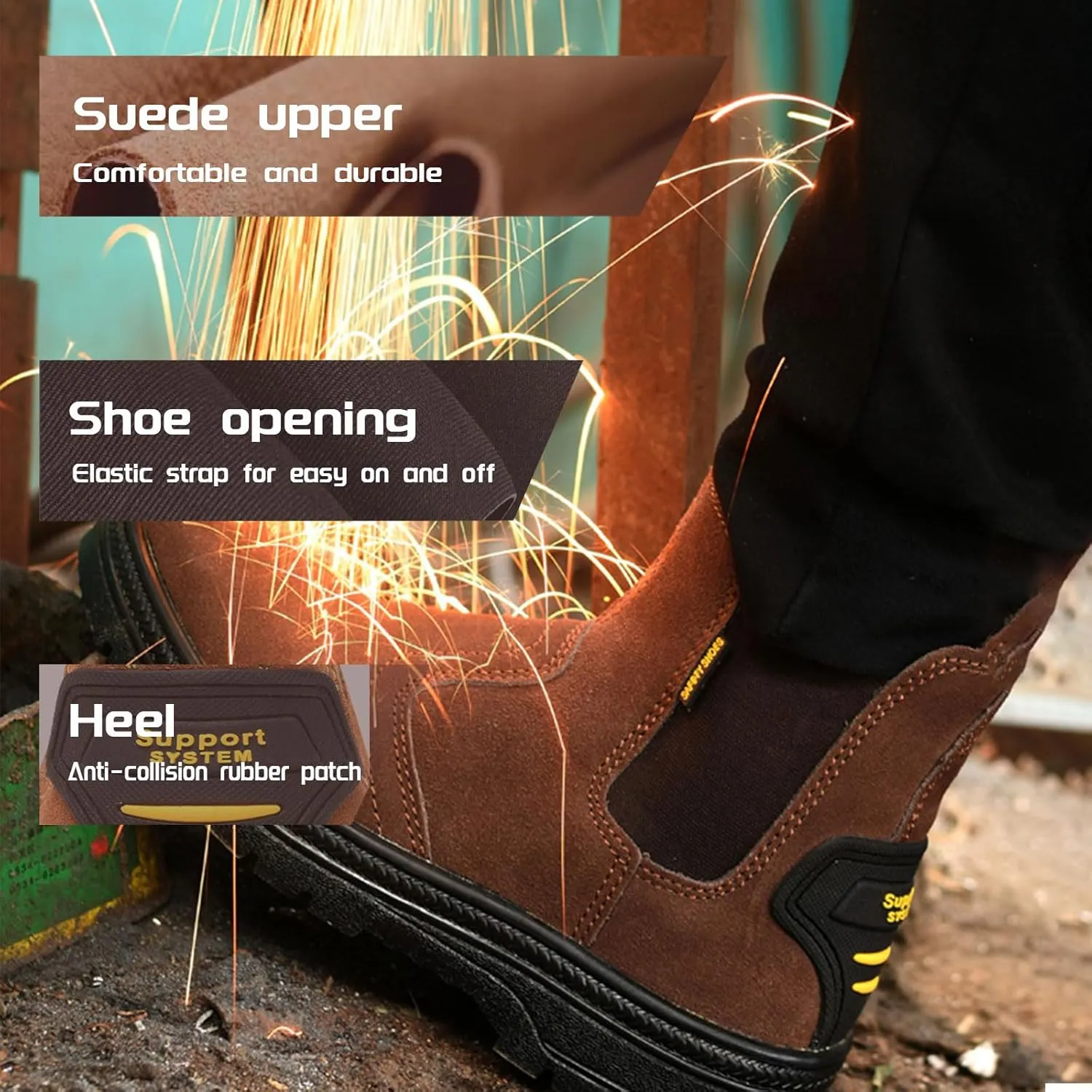 Steel Toe Work Boots for Men Slip Resistant Welding Work Boots Slip-on Safety Shoes for Industrial Construction