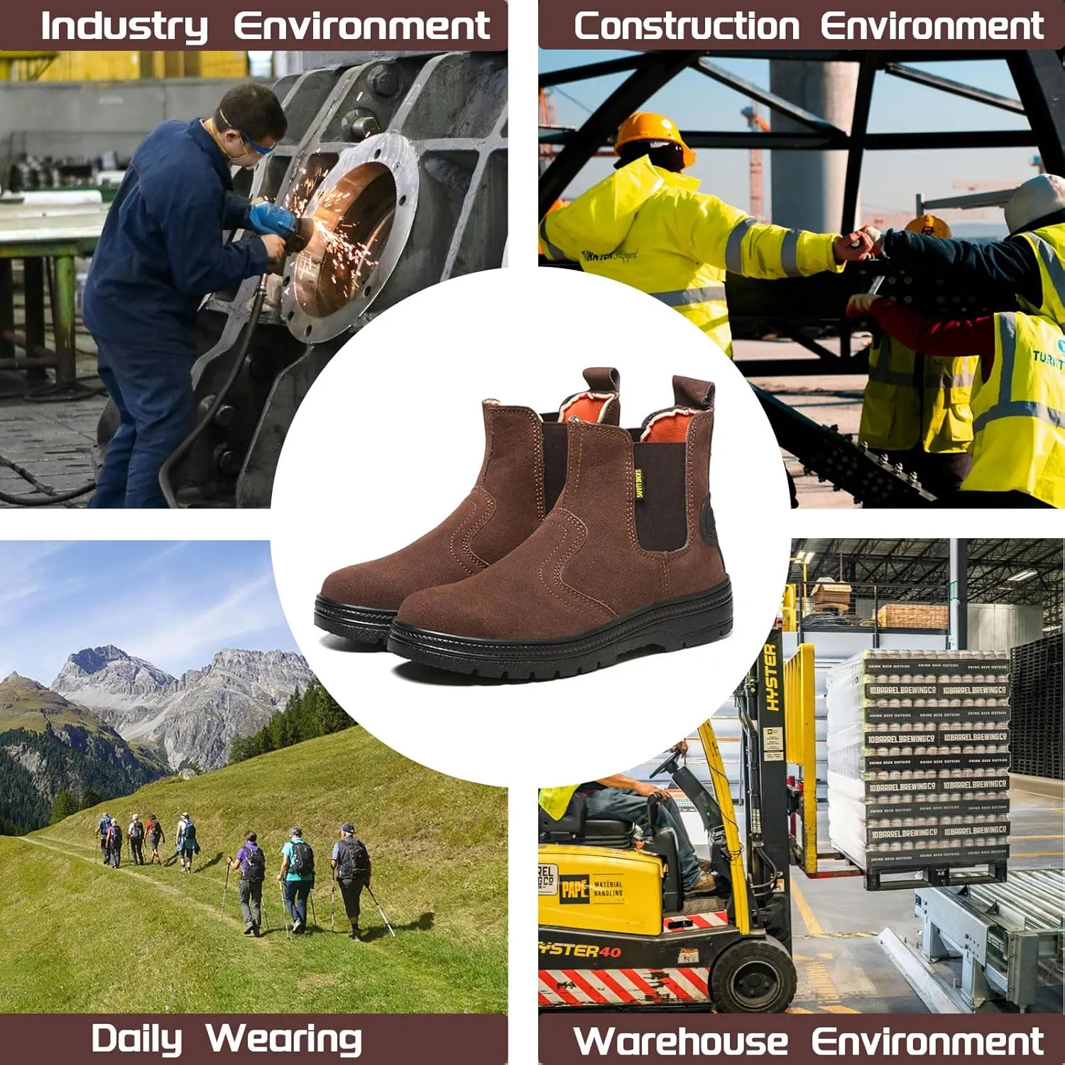 Steel Toe Work Boots for Men Slip Resistant Welding Work Boots Slip-on Safety Shoes for Industrial Construction