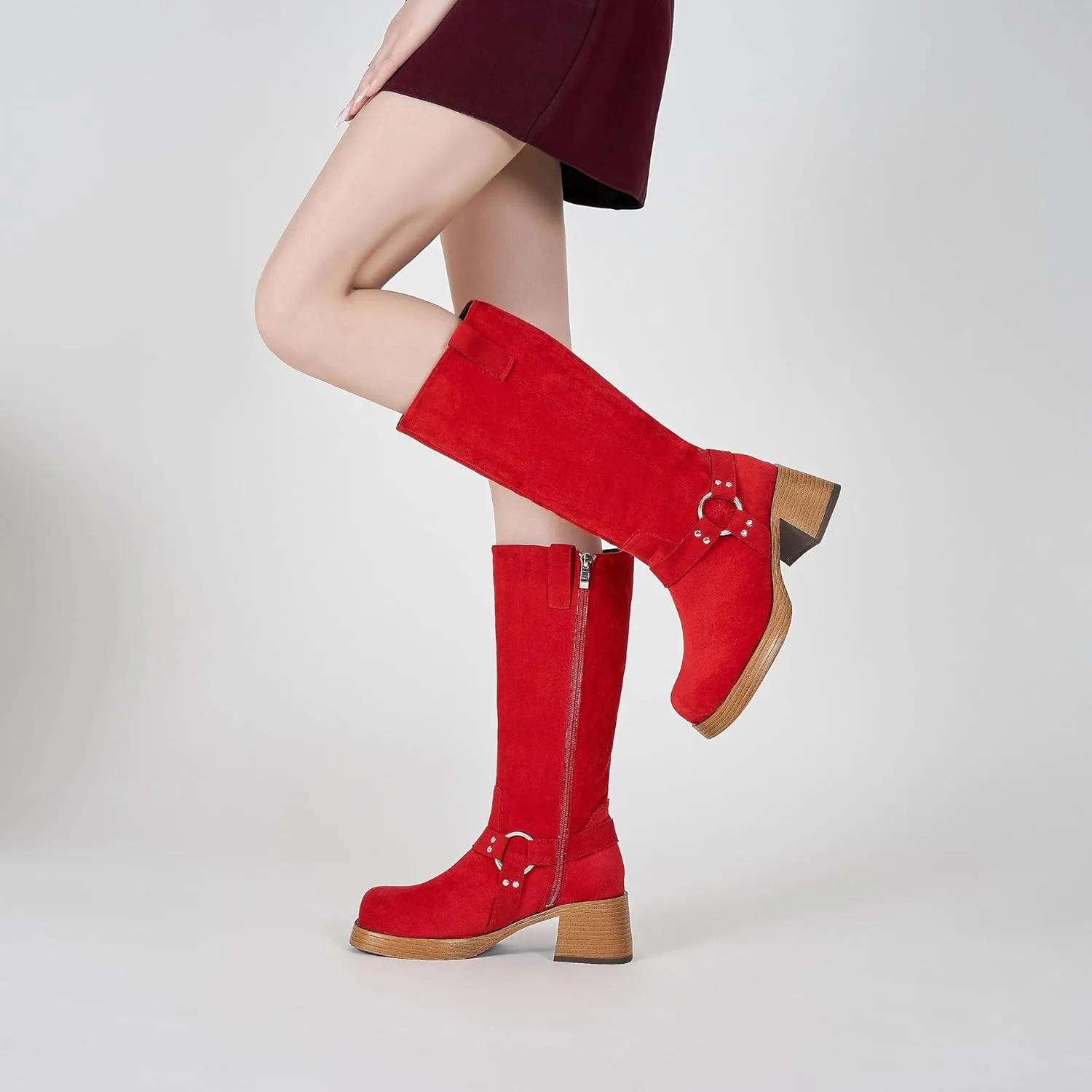 Studds Biker Boots for Women Chunky Heel Square Toe Suede Mid Calf Boot with Side Zipper Western Riding Boots