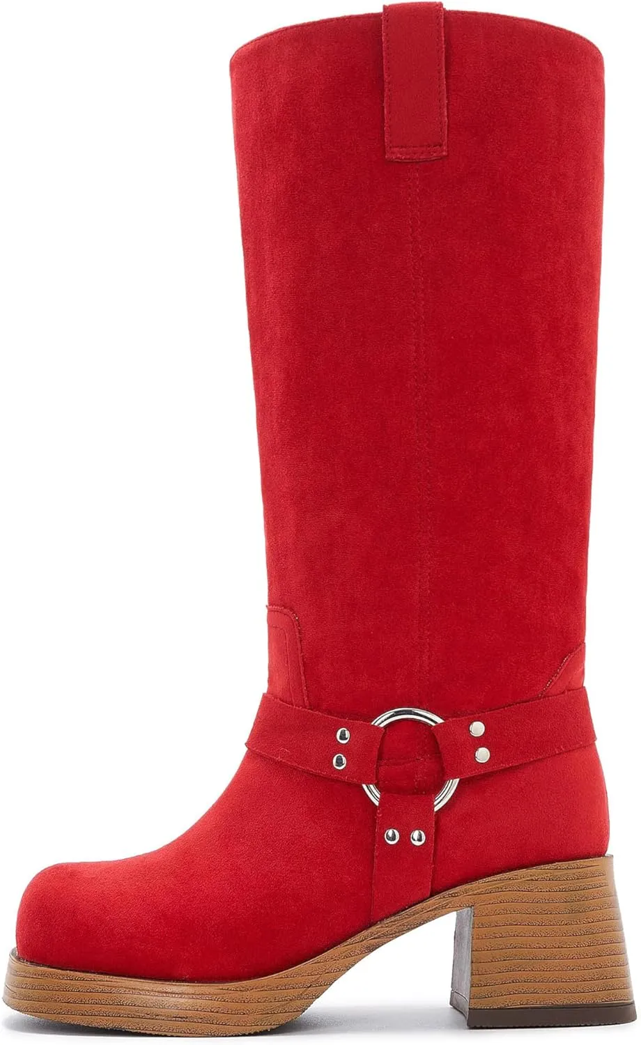 Studds Biker Boots for Women Chunky Heel Square Toe Suede Mid Calf Boot with Side Zipper Western Riding Boots