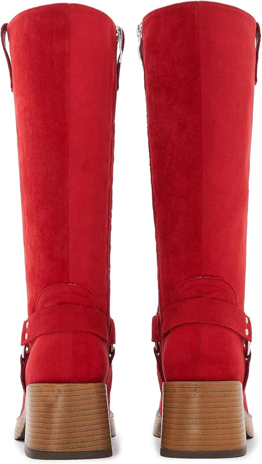 Studds Biker Boots for Women Chunky Heel Square Toe Suede Mid Calf Boot with Side Zipper Western Riding Boots