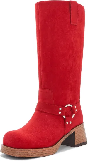 Studds Biker Boots for Women Chunky Heel Square Toe Suede Mid Calf Boot with Side Zipper Western Riding Boots