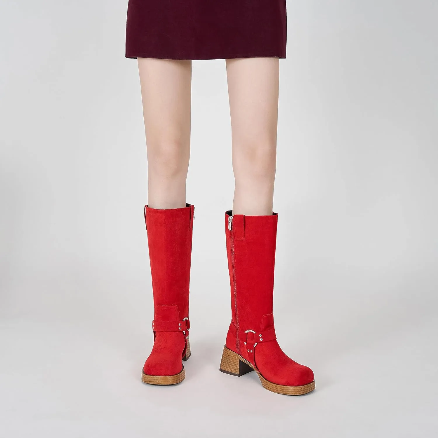 Studds Biker Boots for Women Chunky Heel Square Toe Suede Mid Calf Boot with Side Zipper Western Riding Boots