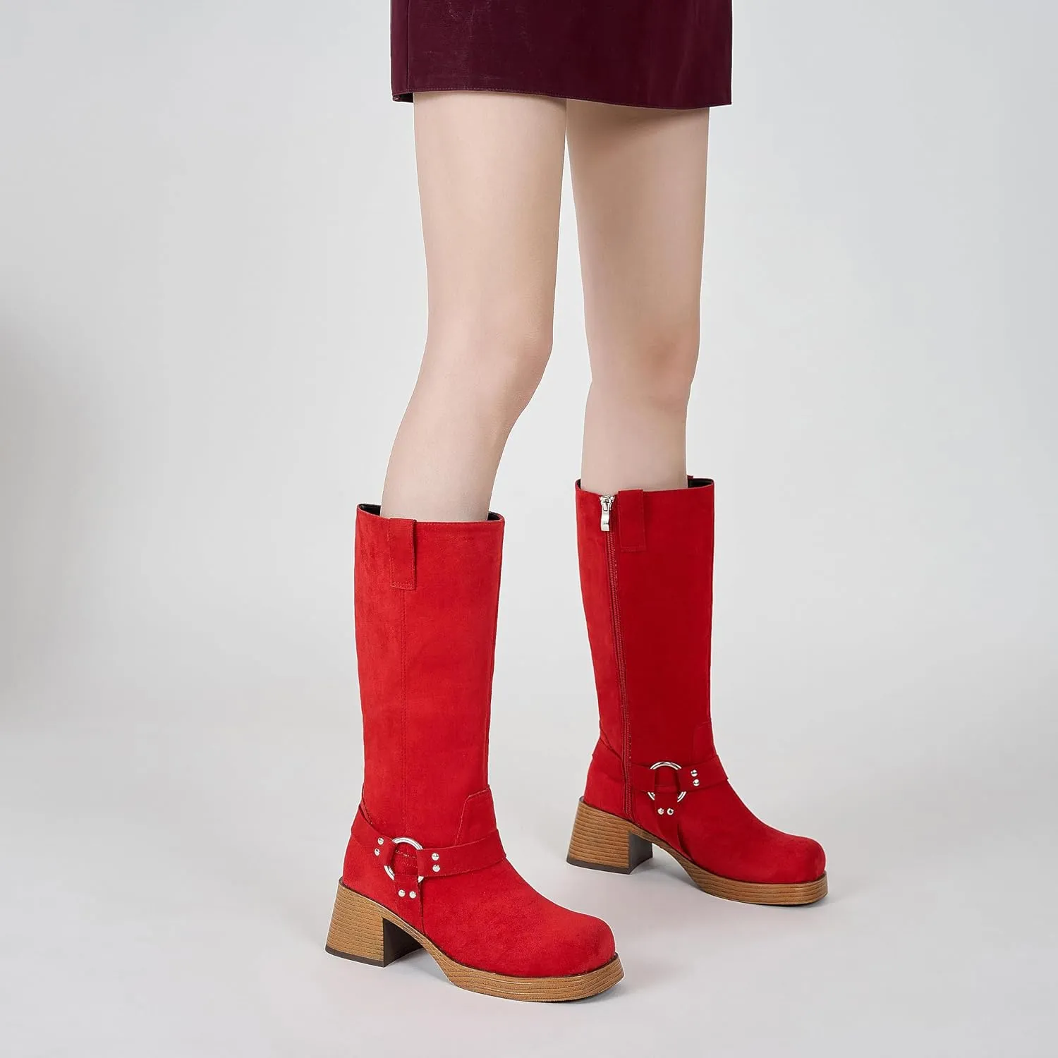 Studds Biker Boots for Women Chunky Heel Square Toe Suede Mid Calf Boot with Side Zipper Western Riding Boots