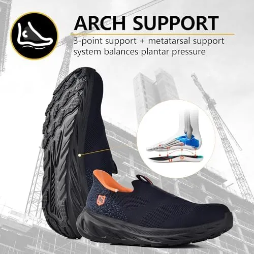 SUADEX Hands Free Slip On Steel Toe Shoes Indestructible Arch Support Steel Toe Sneakers Lightweight Work Safety Shoes Puncture Proof Composite Toe