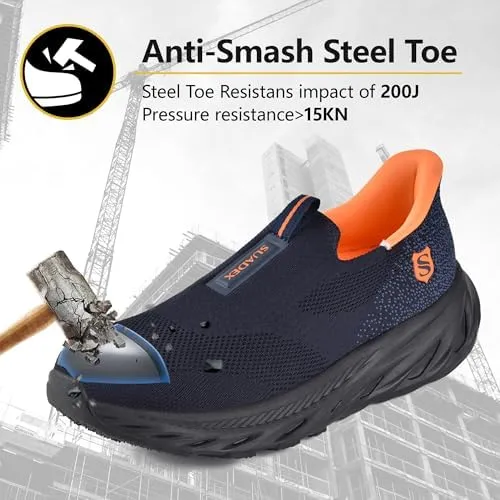 SUADEX Hands Free Slip On Steel Toe Shoes Indestructible Arch Support Steel Toe Sneakers Lightweight Work Safety Shoes Puncture Proof Composite Toe