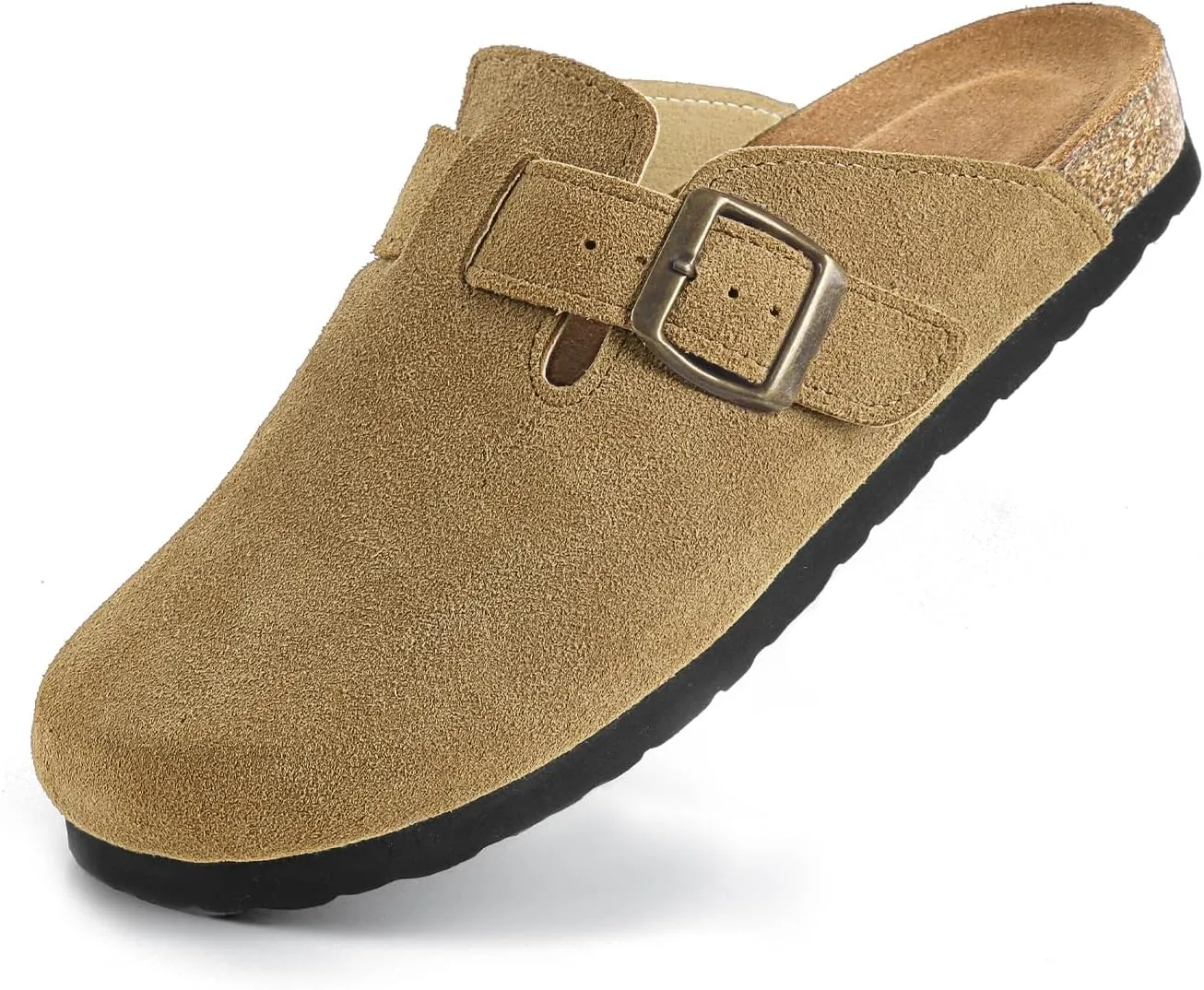 Suede Clogs for Women Clogs Slip on Adjustable Buckle Leather Clogs Cork Footbed Home Clog Slippers with Arch Support Unisex