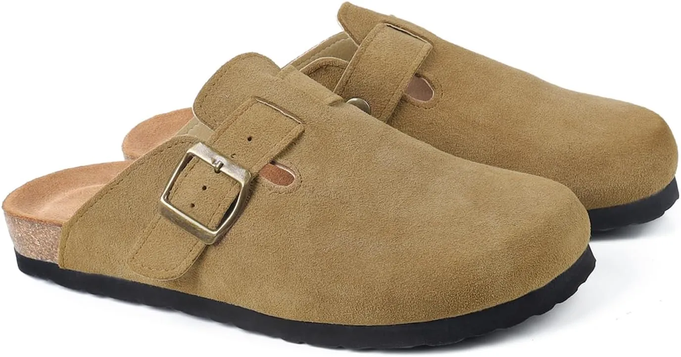 Suede Clogs for Women Clogs Slip on Adjustable Buckle Leather Clogs Cork Footbed Home Clog Slippers with Arch Support Unisex