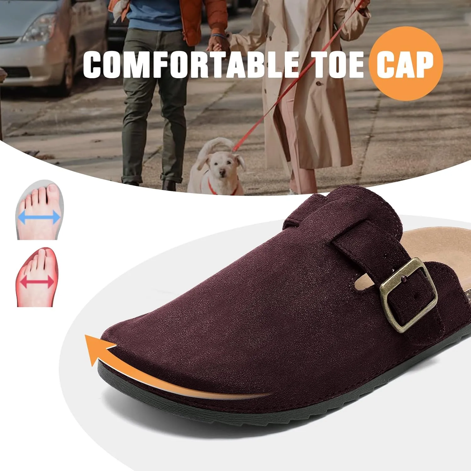 Suede Clogs Men & Women Unisex Leather Mules Soft Cork Footbed Adjustable Buckle Slip Sandals Potato Shoes with Arch Support