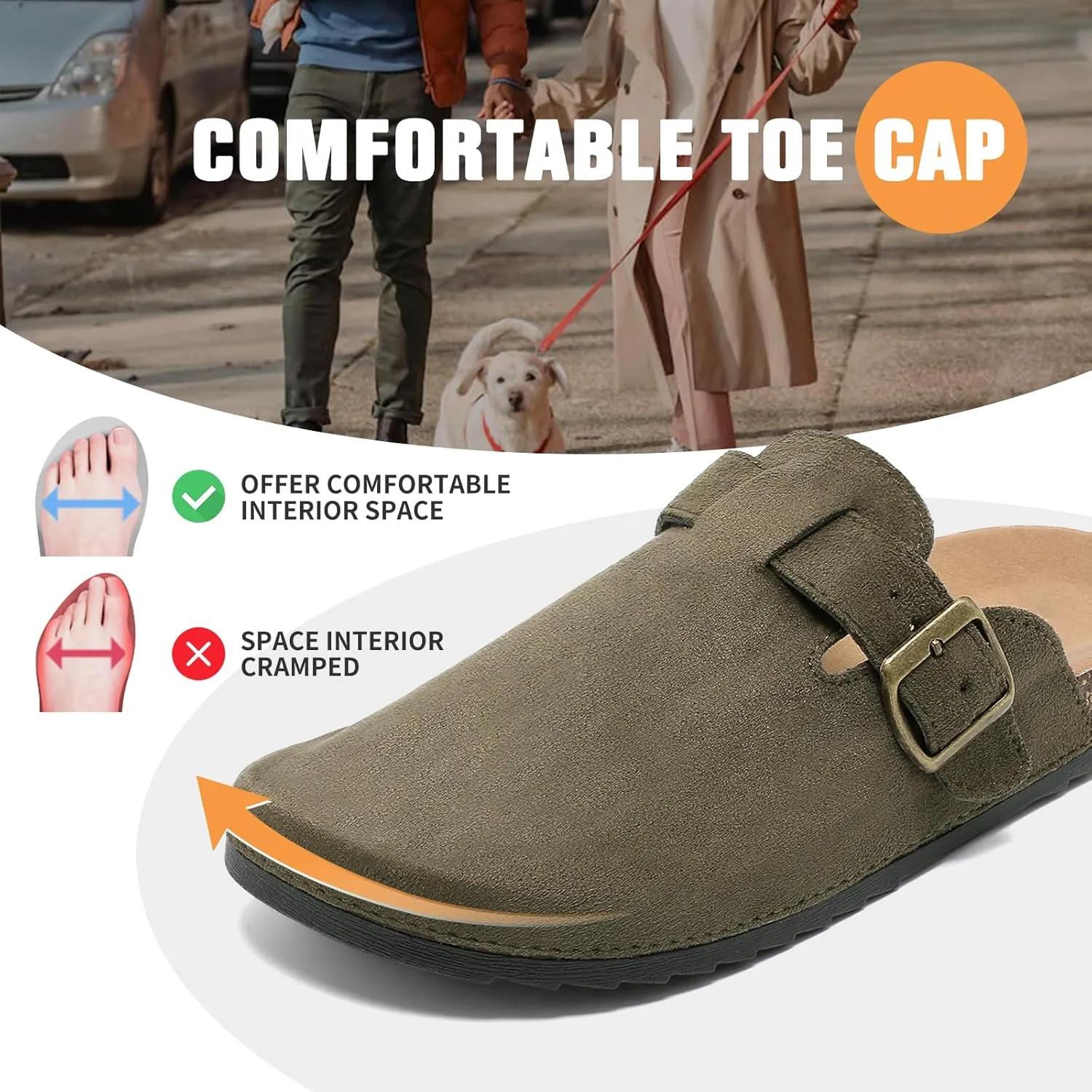 Suede Clogs Men & Women Unisex Leather Mules Soft Cork Footbed Adjustable Buckle Slip Sandals Potato Shoes with Arch Support