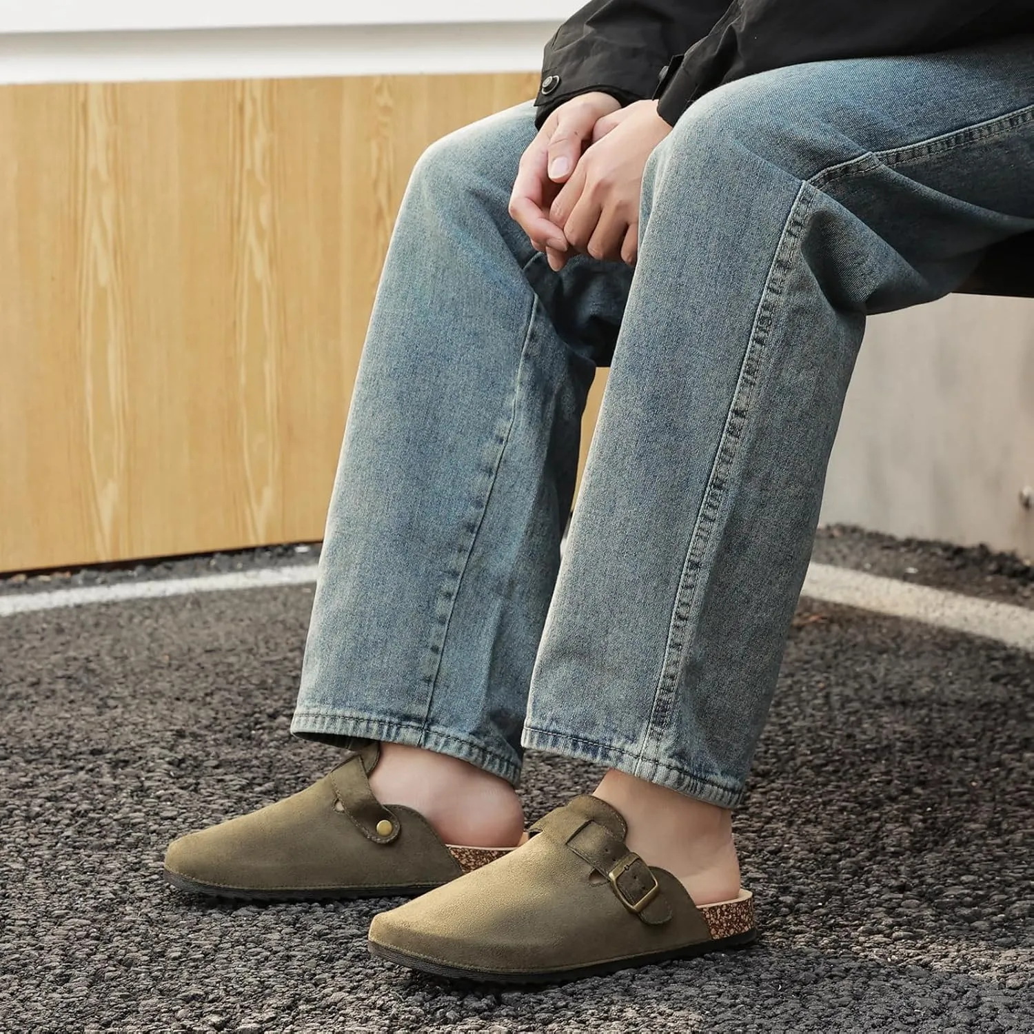 Suede Clogs Men & Women Unisex Leather Mules Soft Cork Footbed Adjustable Buckle Slip Sandals Potato Shoes with Arch Support