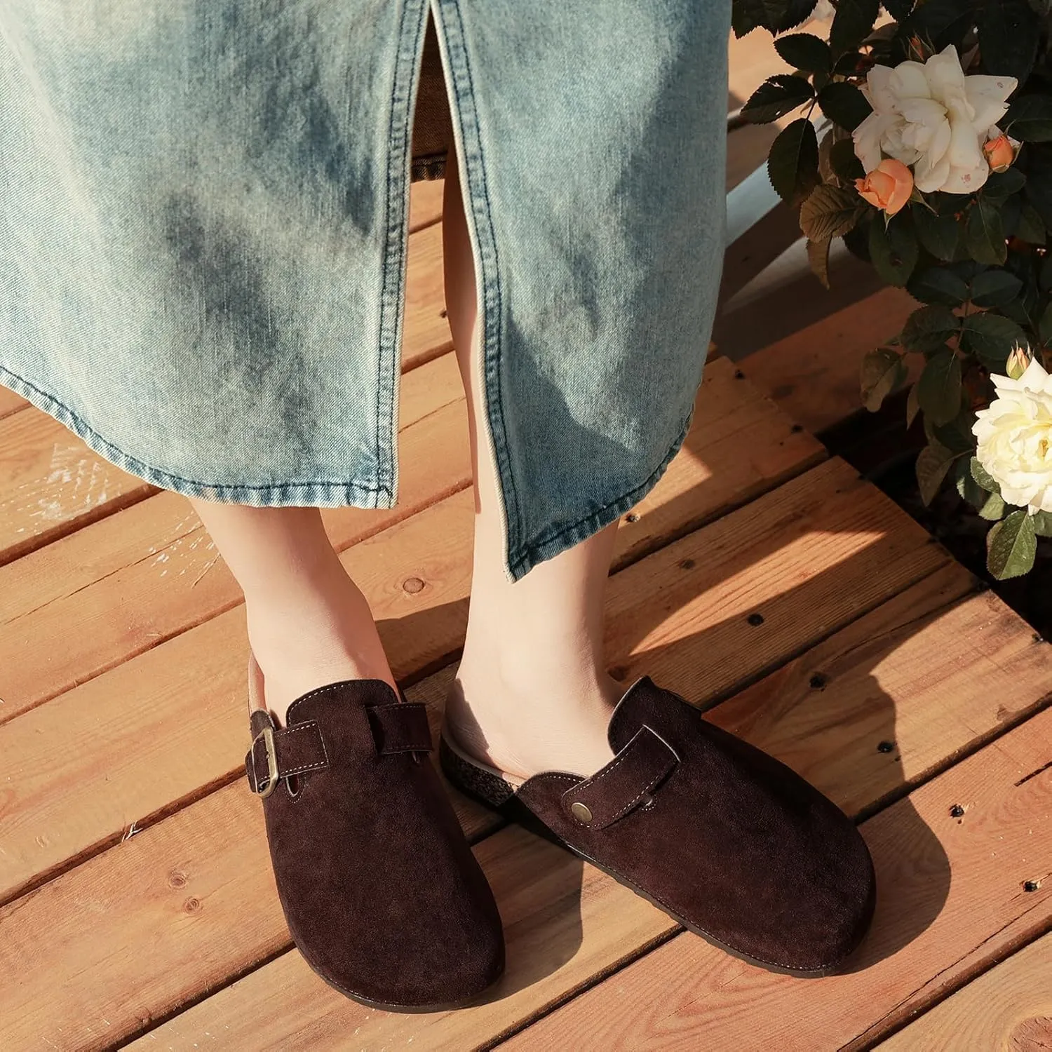 Suede Clogs Men & Women Unisex Leather Mules Soft Cork Footbed Adjustable Buckle Slip Sandals Potato Shoes with Arch Support