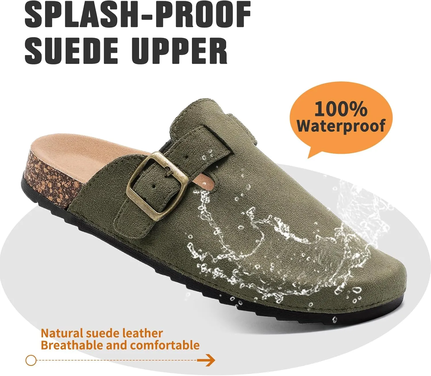 Suede Clogs Men & Women Unisex Leather Mules Soft Cork Footbed Adjustable Buckle Slip Sandals Potato Shoes with Arch Support