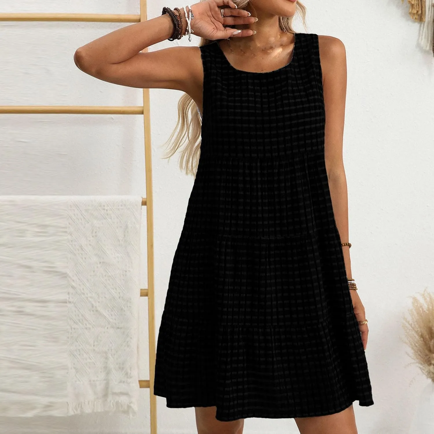 Summer Casual Plaid Midi Tank Dresses for Women 2025 Beach Vacation Sleeveless Tiered Ruffle A-Line Knee Length Sundress