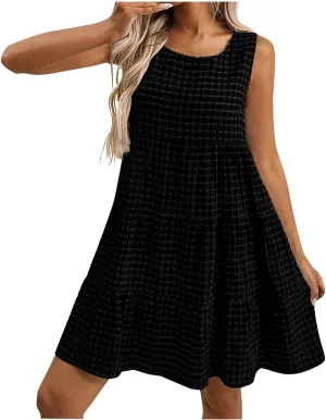 Summer Casual Plaid Midi Tank Dresses for Women 2025 Beach Vacation Sleeveless Tiered Ruffle A-Line Knee Length Sundress