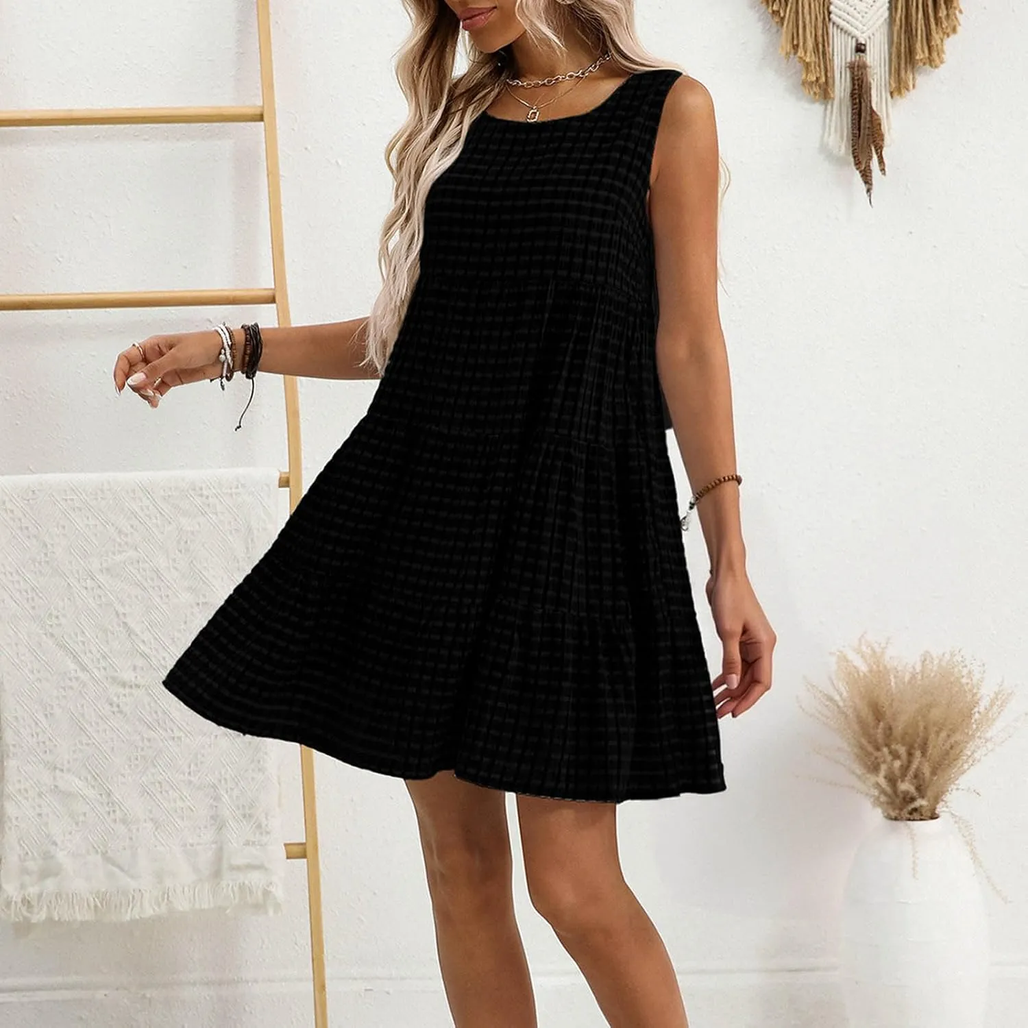 Summer Casual Plaid Midi Tank Dresses for Women 2025 Beach Vacation Sleeveless Tiered Ruffle A-Line Knee Length Sundress