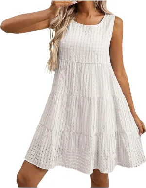 Summer Casual Plaid Midi Tank Dresses for Women 2025 Beach Vacation Sleeveless Tiered Ruffle A-Line Knee Length Sundress