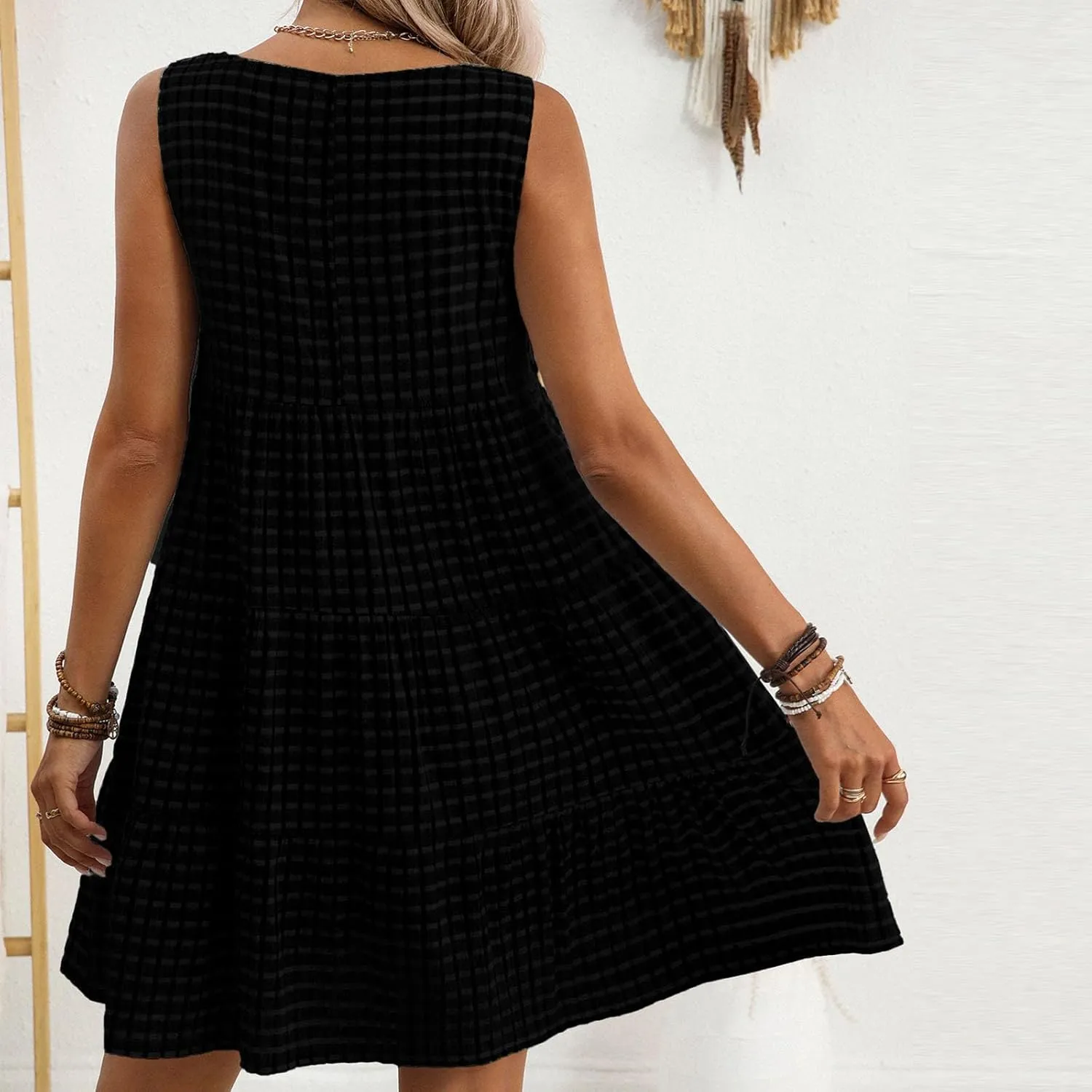 Summer Casual Plaid Midi Tank Dresses for Women 2025 Beach Vacation Sleeveless Tiered Ruffle A-Line Knee Length Sundress