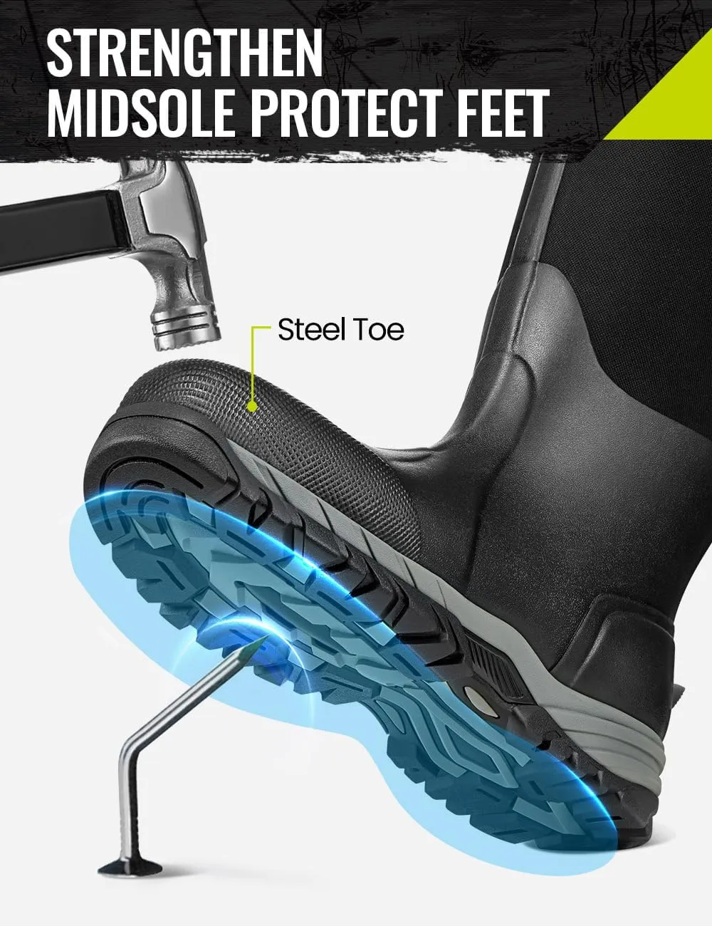 TIDEWE Work Boots Puncture-Proof with Steel Toe & Shank, Waterproof Anti Slip Rubber Boots for men, 6mm Neoprene Outdoor Boots, Durable Hunting Boots for Manufacturing, Construction, Farming(Black,Size 7-13)