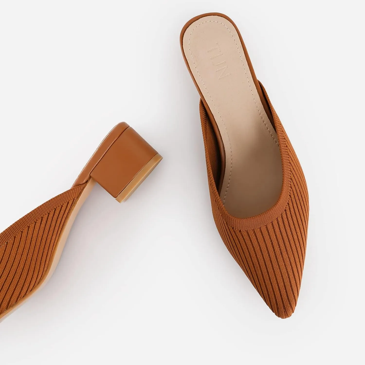 TIJN Heels,Pointed Toe Mules for Momen with Low Heel, Breathable Mesh Knit Slip On Flat Sandals,Helka