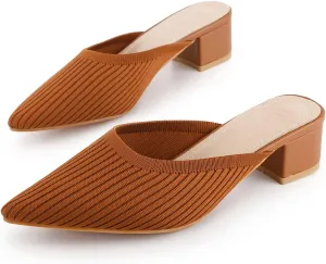 TIJN Heels,Pointed Toe Mules for Momen with Low Heel, Breathable Mesh Knit Slip On Flat Sandals,Helka