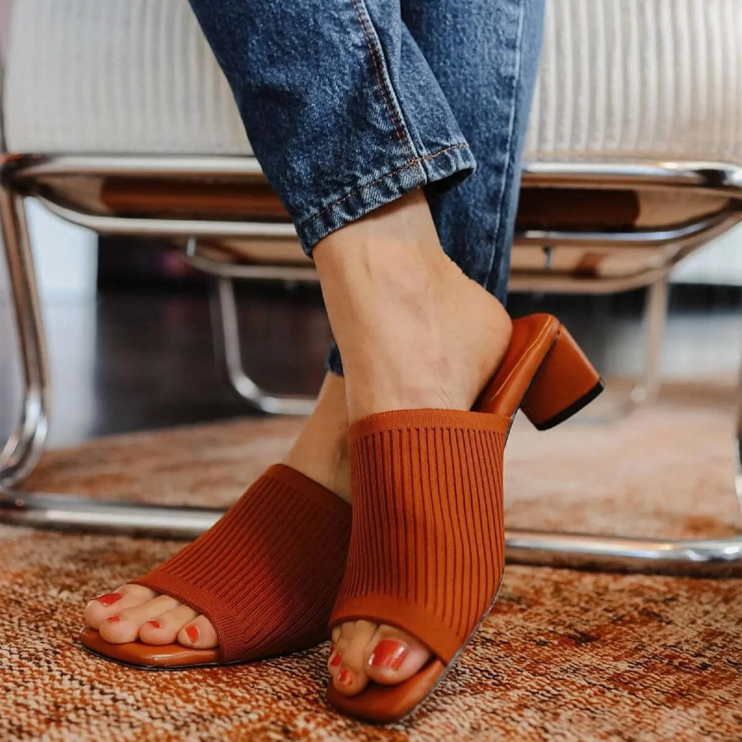 TIJN Open Toe Heeled Mules for Women, Square Flat, Triangle Low Block Heels, Breathable Recycled Knit Fabric, 100% Vegan, No Squeezing, Slip-On Design(Katrin)