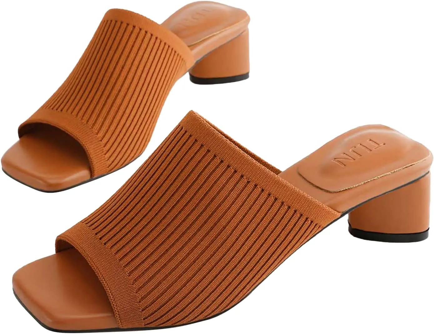 TIJN Open Toe Heeled Mules for Women, Square Flat, Triangle Low Block Heels, Breathable Recycled Knit Fabric, 100% Vegan, No Squeezing, Slip-On Design(Katrin)