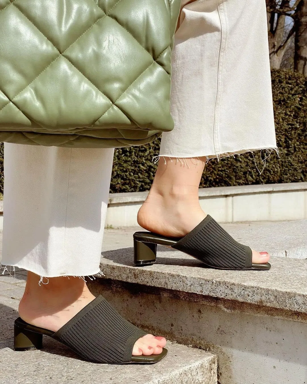 TIJN Open Toe Heeled Mules for Women, Square Flat, Triangle Low Block Heels, Breathable Recycled Knit Fabric, 100% Vegan, No Squeezing, Slip-On Design(Katrin)