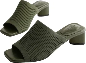 TIJN Open Toe Heeled Mules for Women, Square Flat, Triangle Low Block Heels, Breathable Recycled Knit Fabric, 100% Vegan, No Squeezing, Slip-On Design(Katrin)