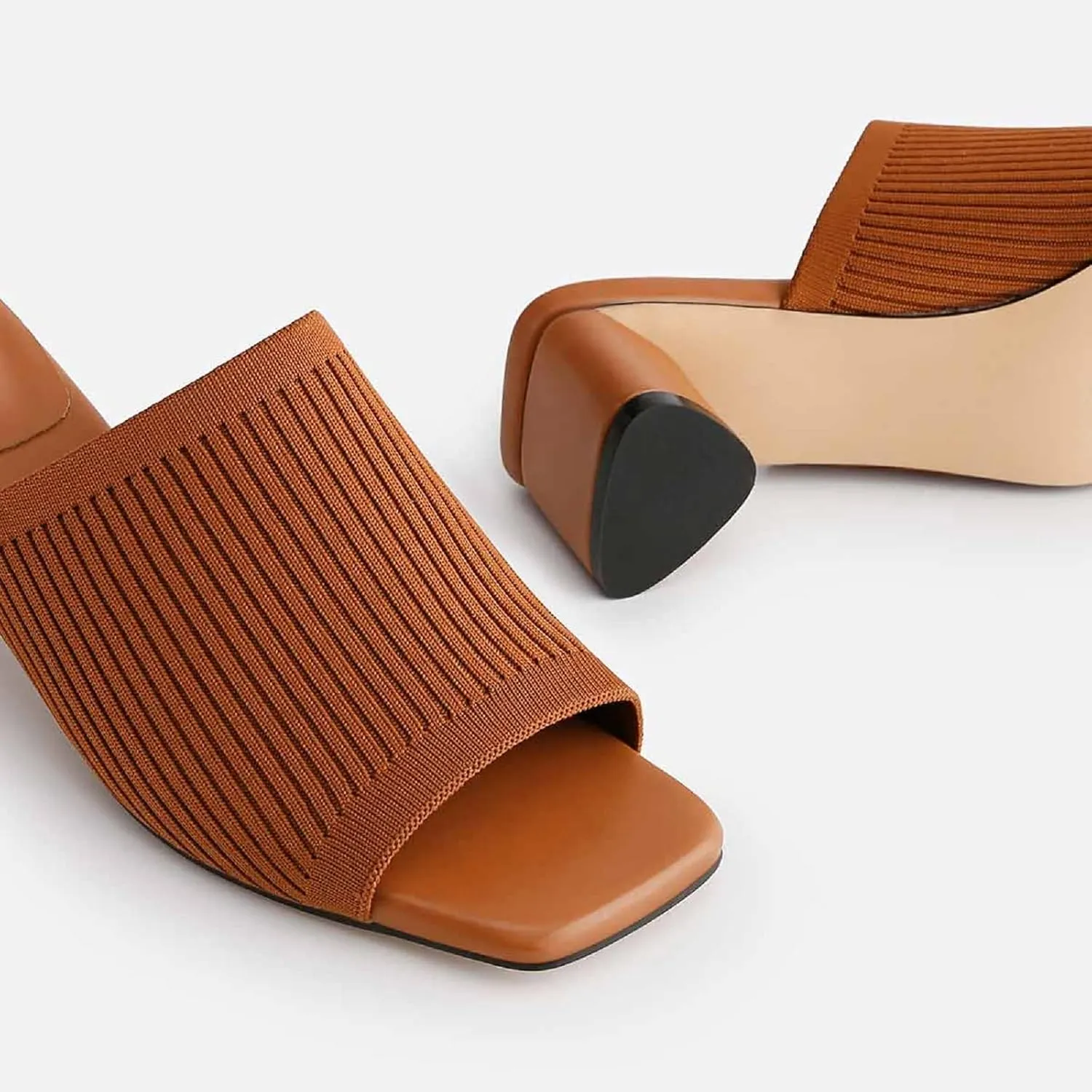 TIJN Open Toe Heeled Mules for Women, Square Flat, Triangle Low Block Heels, Breathable Recycled Knit Fabric, 100% Vegan, No Squeezing, Slip-On Design(Katrin)