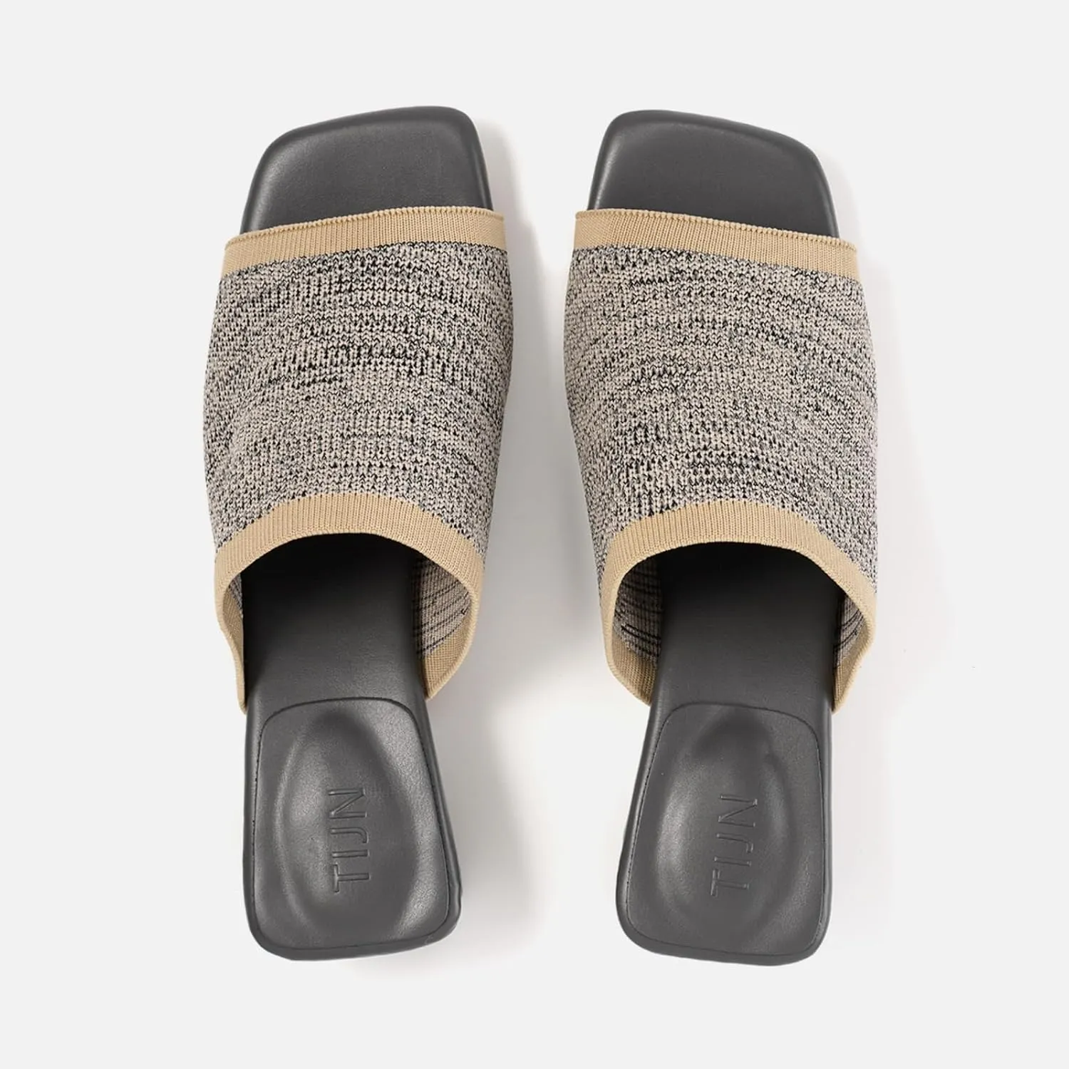 TIJN Open Toe Heeled Mules for Women, Square Flat, Triangle Low Block Heels, Breathable Recycled Knit Fabric, 100% Vegan, No Squeezing, Slip-On Design(Katrin)