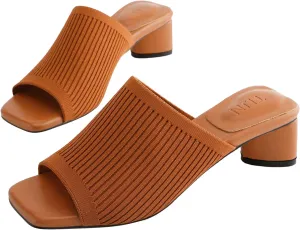 TIJN Open Toe Heeled Mules for Women, Square Flat, Triangle Low Block Heels, Breathable Recycled Knit Fabric, 100% Vegan, No Squeezing, Slip-On Design(Katrin)