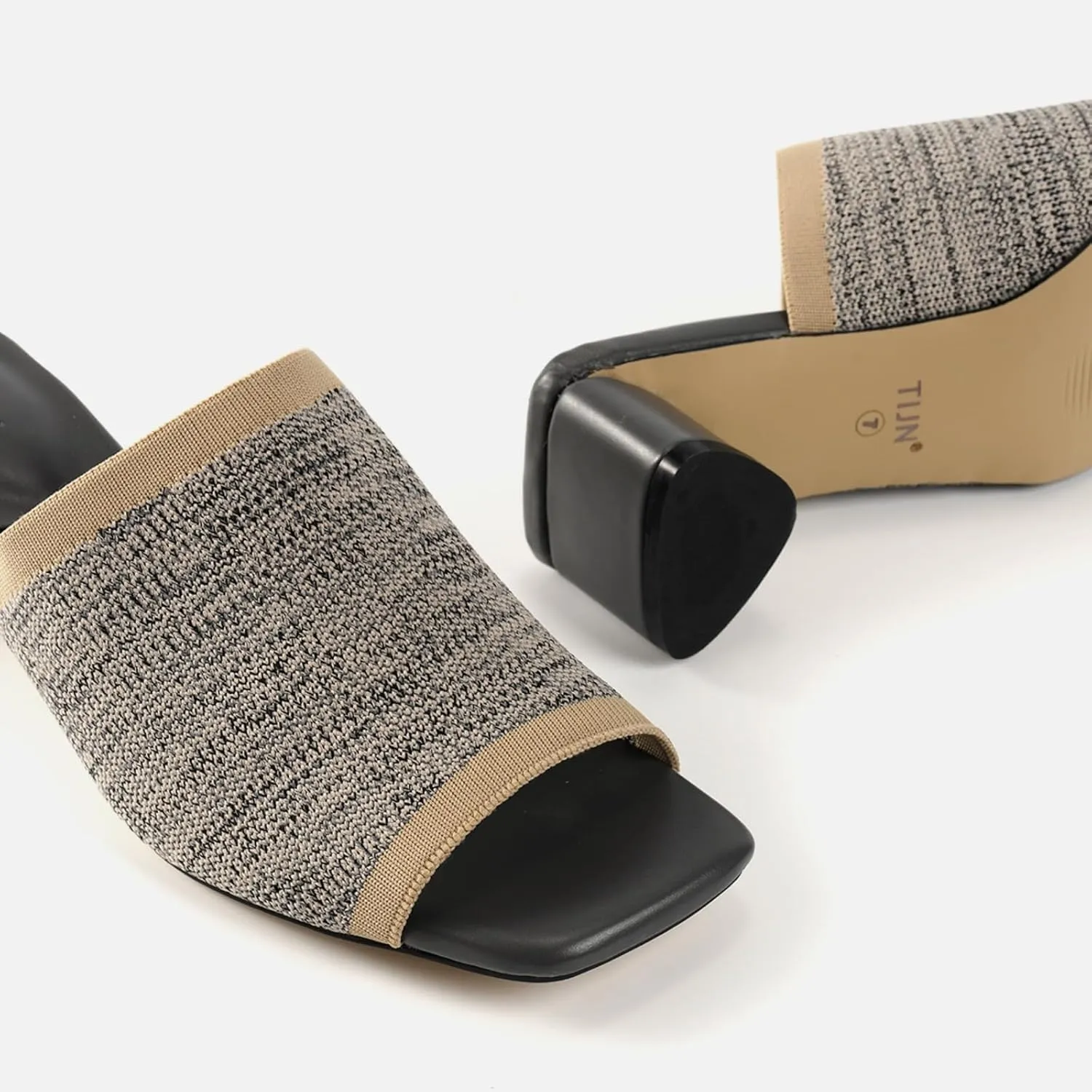 TIJN Open Toe Heeled Mules for Women, Square Flat, Triangle Low Block Heels, Breathable Recycled Knit Fabric, 100% Vegan, No Squeezing, Slip-On Design(Katrin)