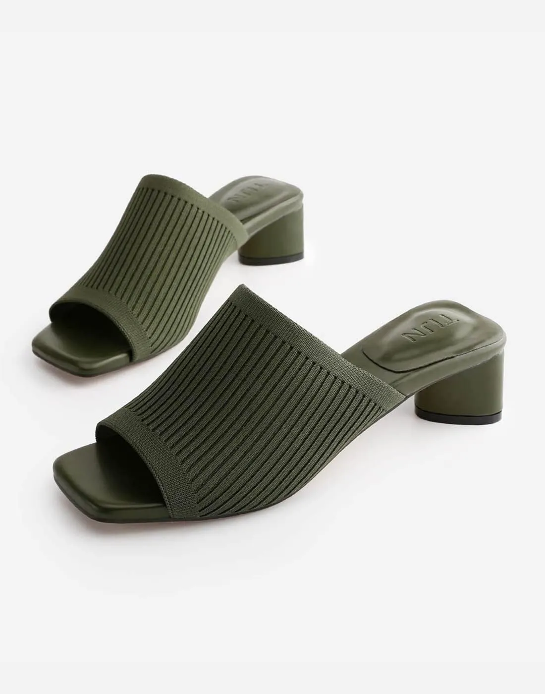 TIJN Open Toe Heeled Mules for Women, Square Flat, Triangle Low Block Heels, Breathable Recycled Knit Fabric, 100% Vegan, No Squeezing, Slip-On Design(Katrin)