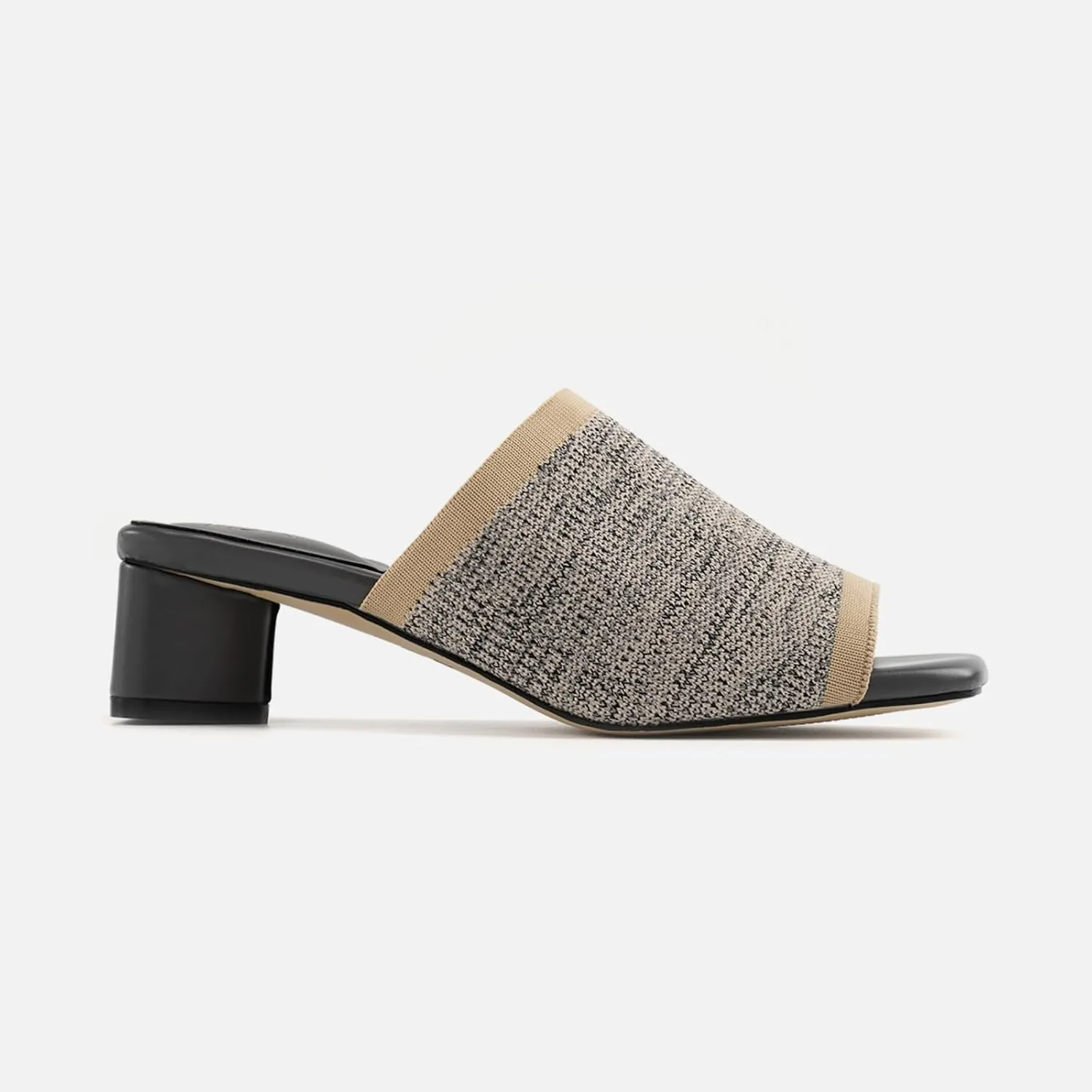 TIJN Open Toe Heeled Mules for Women, Square Flat, Triangle Low Block Heels, Breathable Recycled Knit Fabric, 100% Vegan, No Squeezing, Slip-On Design(Katrin)