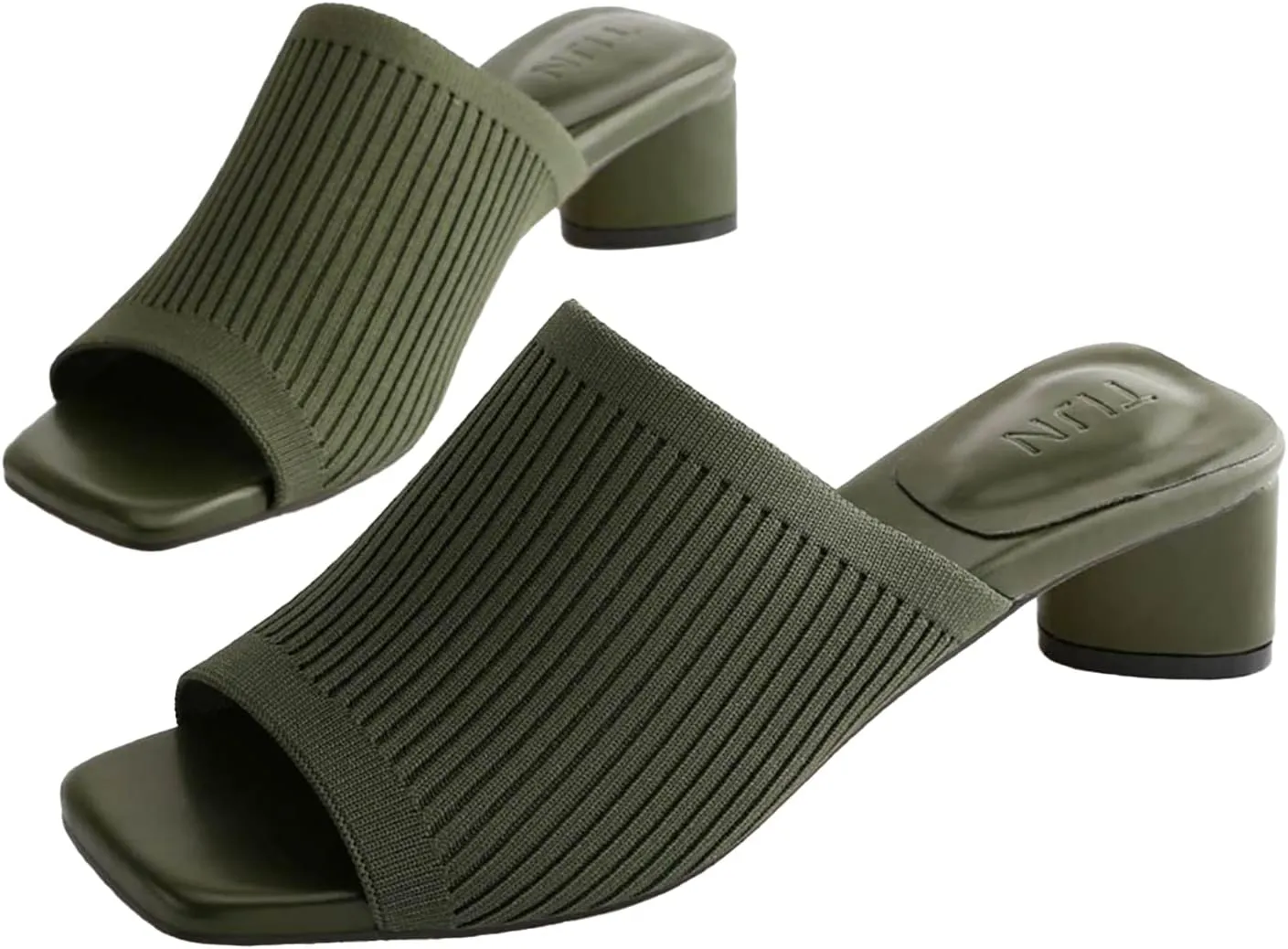 TIJN Open Toe Heeled Mules for Women, Square Flat, Triangle Low Block Heels, Breathable Recycled Knit Fabric, 100% Vegan, No Squeezing, Slip-On Design(Katrin)
