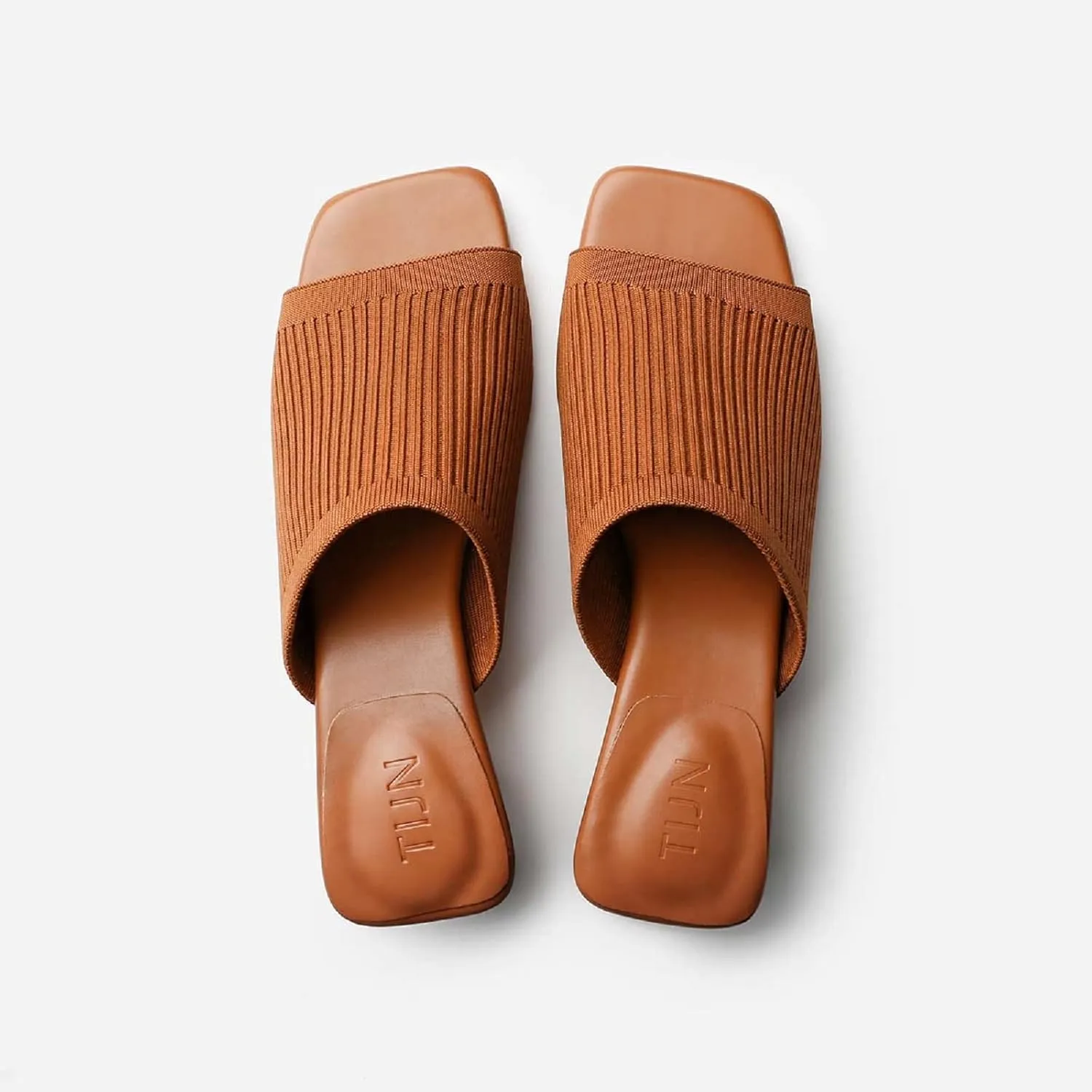 TIJN Open Toe Heeled Mules for Women, Square Flat, Triangle Low Block Heels, Breathable Recycled Knit Fabric, 100% Vegan, No Squeezing, Slip-On Design(Katrin)
