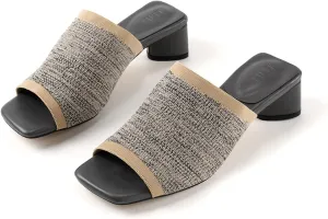 TIJN Open Toe Heeled Mules for Women, Square Flat, Triangle Low Block Heels, Breathable Recycled Knit Fabric, 100% Vegan, No Squeezing, Slip-On Design(Katrin)