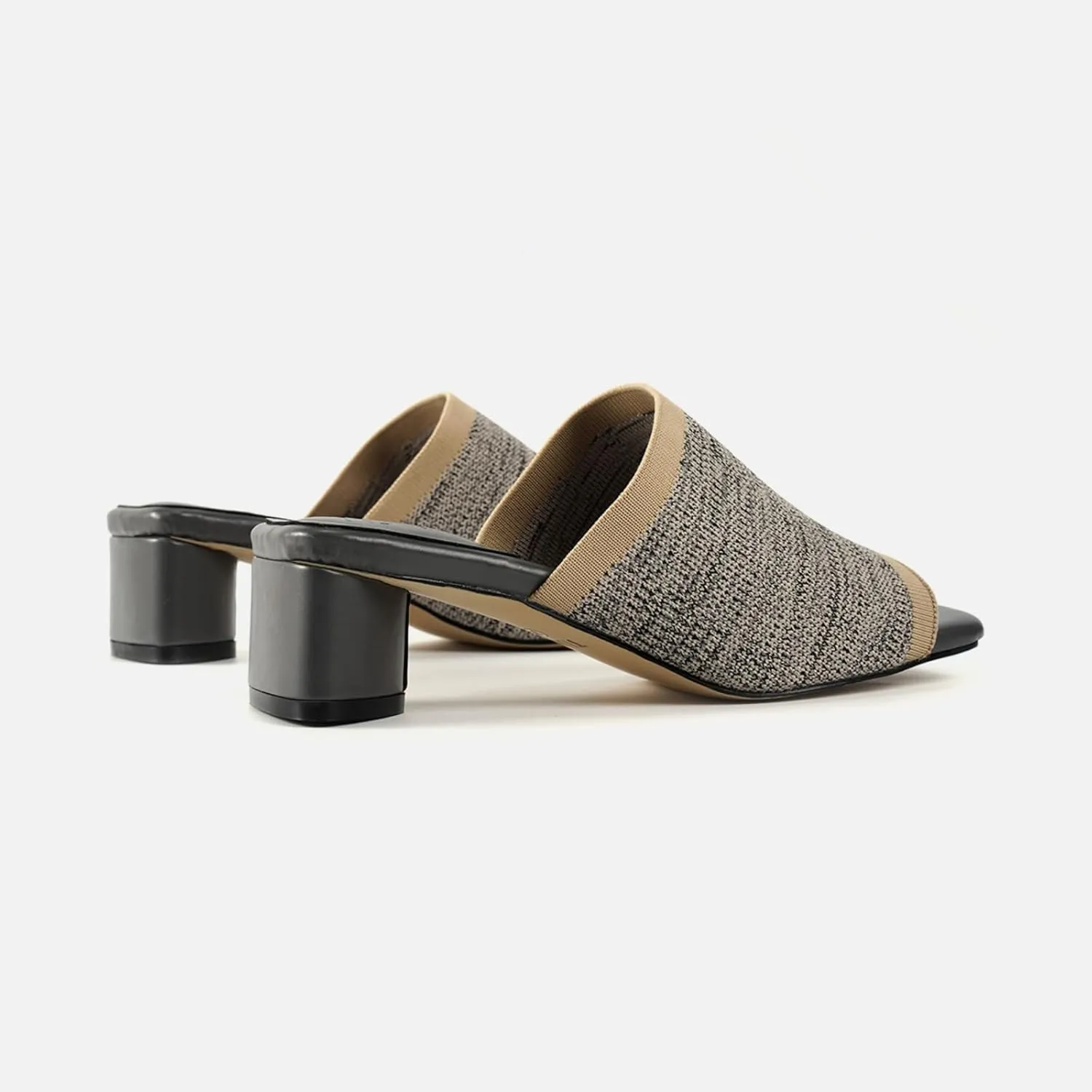 TIJN Open Toe Heeled Mules for Women, Square Flat, Triangle Low Block Heels, Breathable Recycled Knit Fabric, 100% Vegan, No Squeezing, Slip-On Design(Katrin)