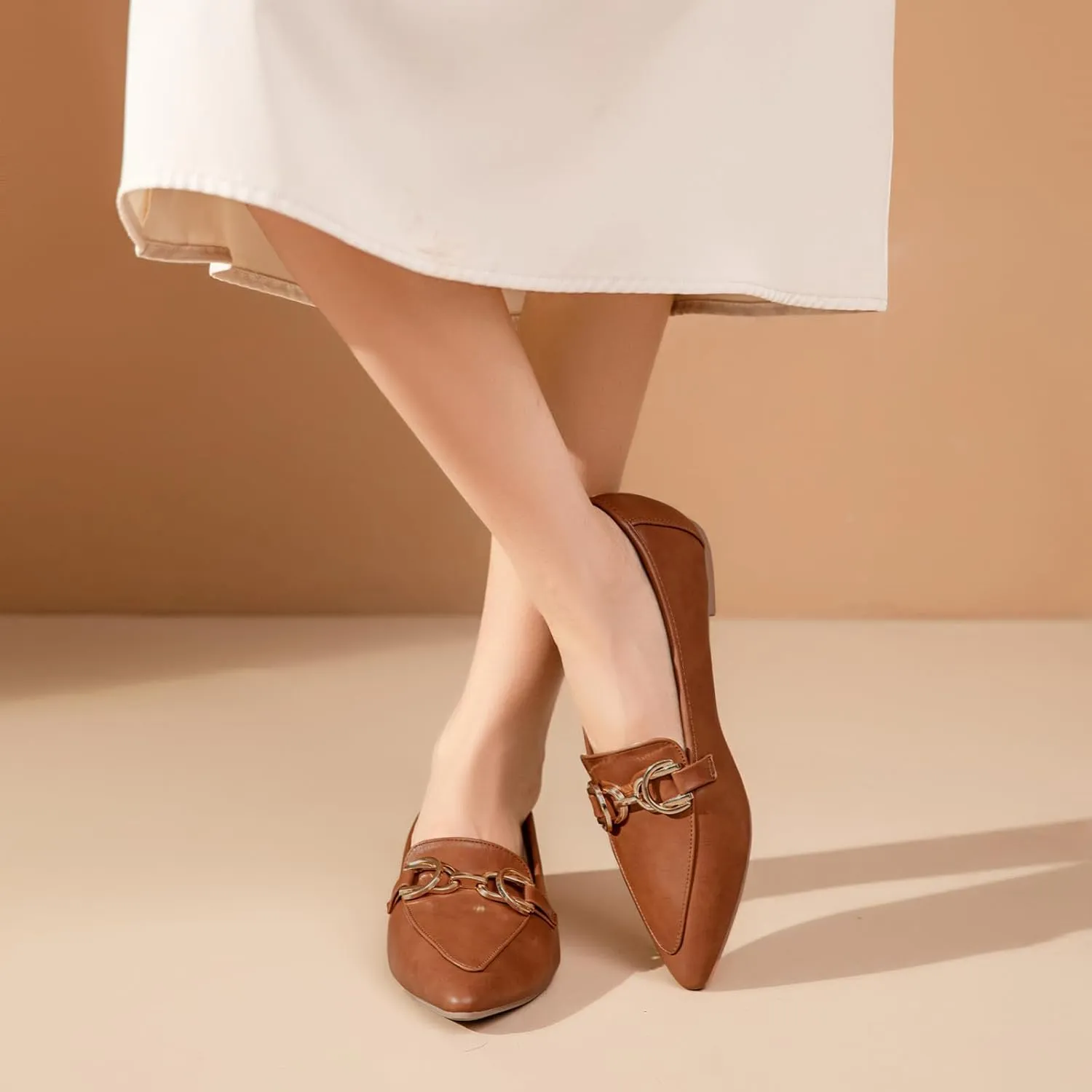 Tilocow Metal Chain Loafers Flats for Women Pointed Toe Slip on Flats Comfortable Fashion Work Business Shoes
