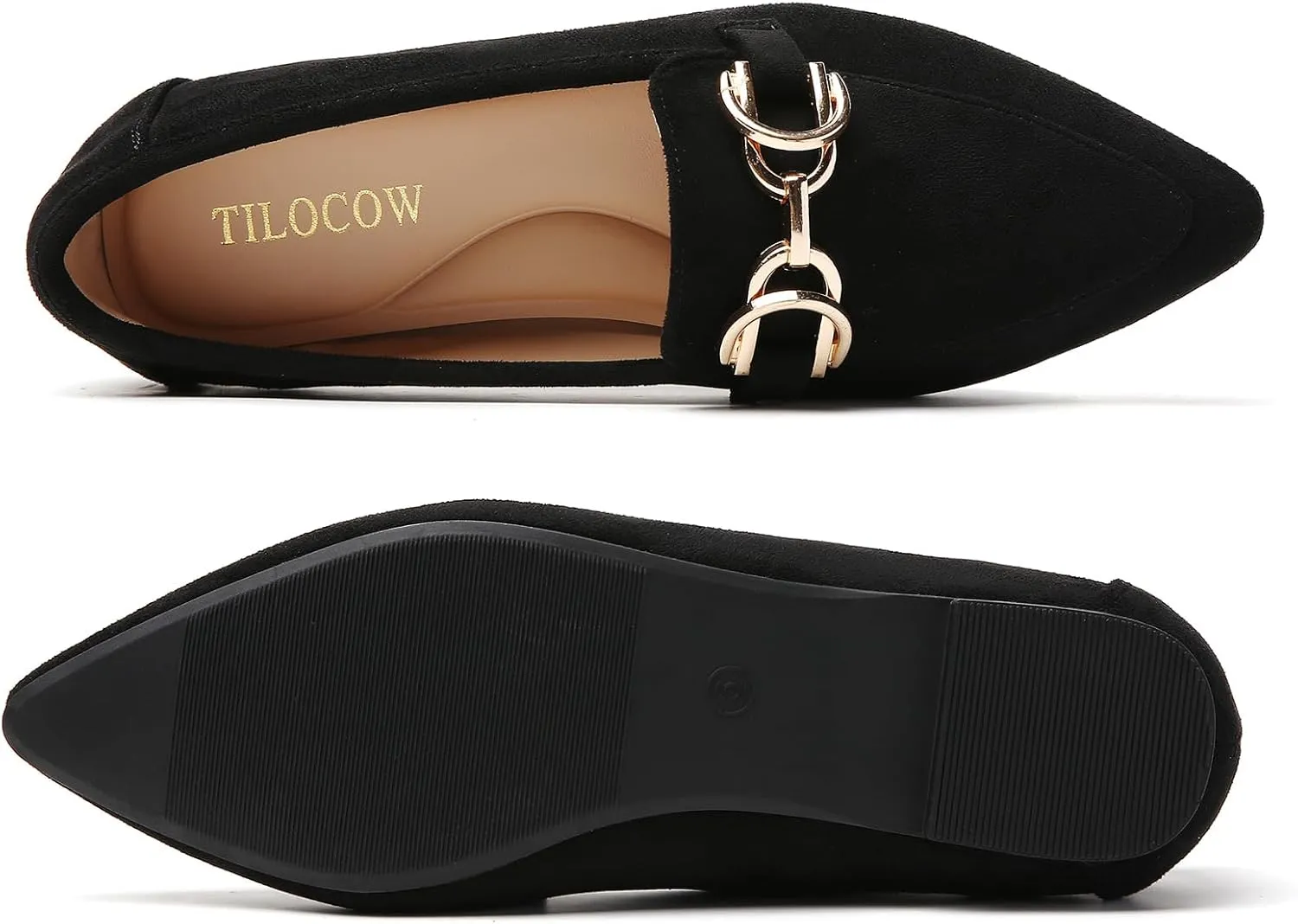 Tilocow Metal Chain Loafers Flats for Women Pointed Toe Slip on Flats Comfortable Fashion Work Business Shoes