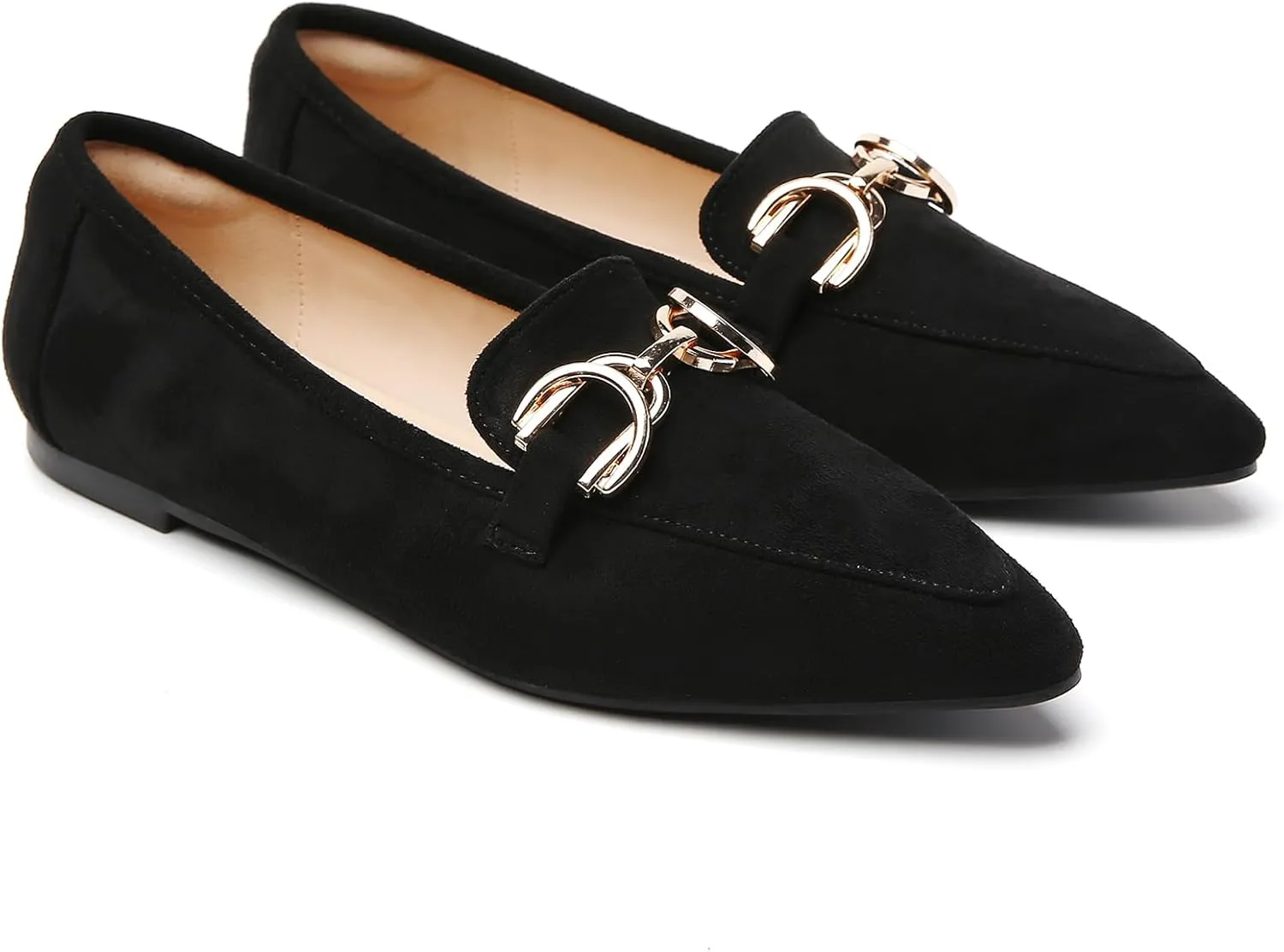 Tilocow Metal Chain Loafers Flats for Women Pointed Toe Slip on Flats Comfortable Fashion Work Business Shoes