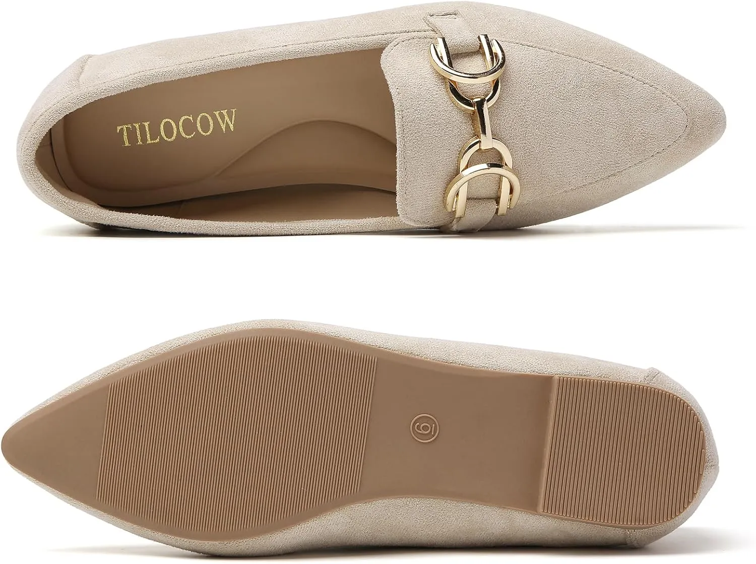 Tilocow Metal Chain Loafers Flats for Women Pointed Toe Slip on Flats Comfortable Fashion Work Business Shoes