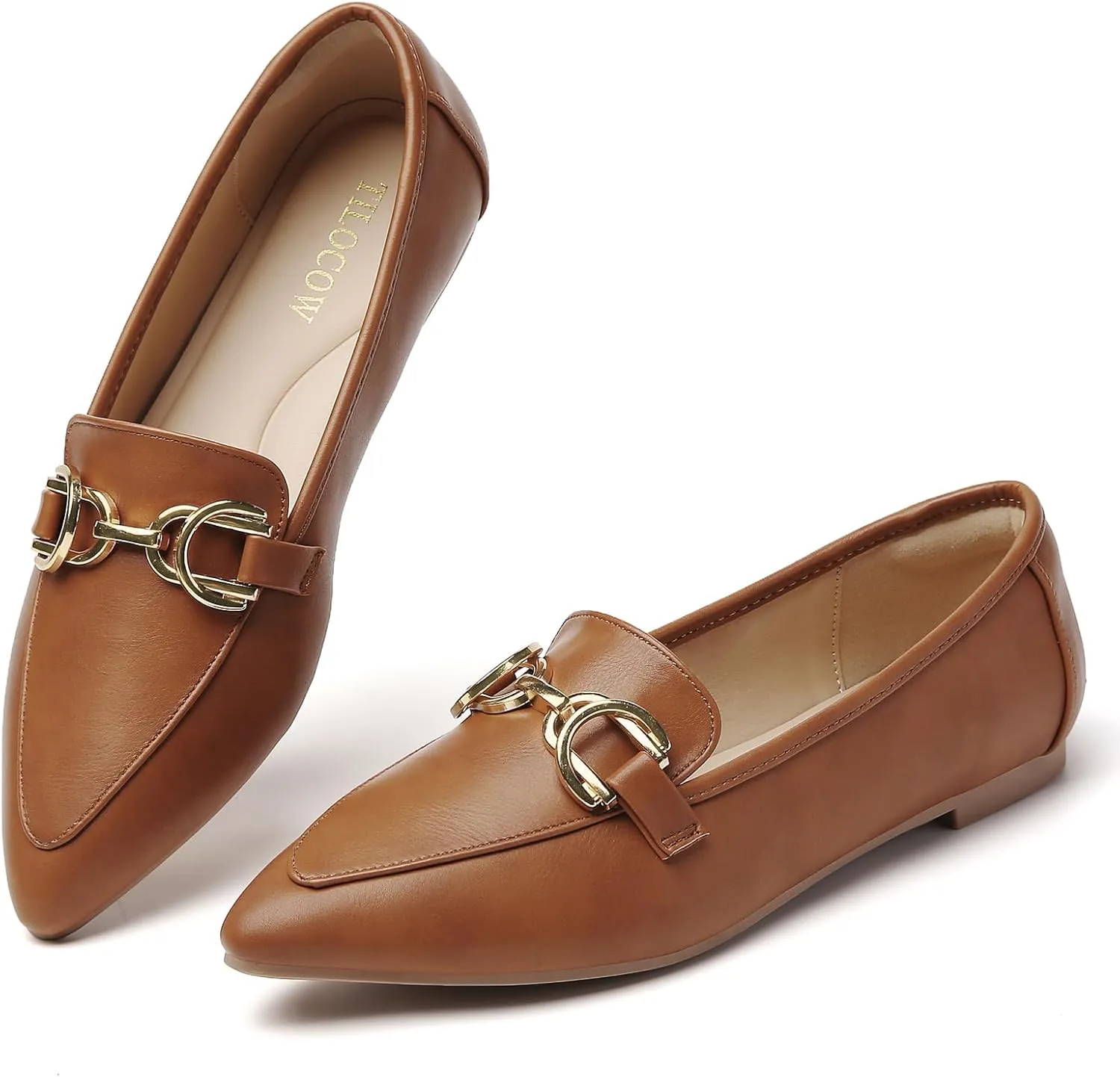 Tilocow Metal Chain Loafers Flats for Women Pointed Toe Slip on Flats Comfortable Fashion Work Business Shoes