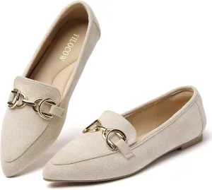 Tilocow Metal Chain Loafers Flats for Women Pointed Toe Slip on Flats Comfortable Fashion Work Business Shoes