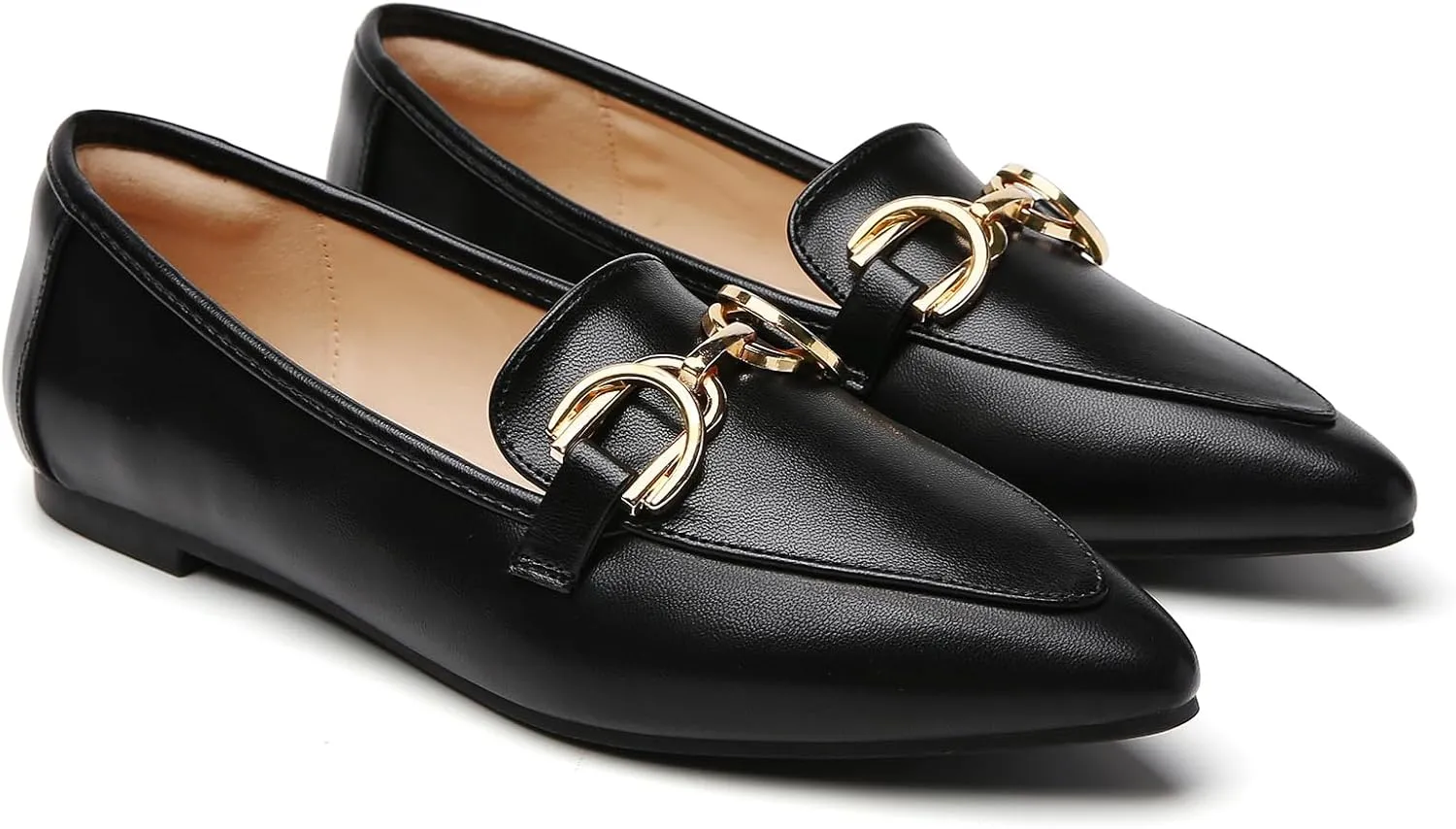 Tilocow Metal Chain Loafers Flats for Women Pointed Toe Slip on Flats Comfortable Fashion Work Business Shoes