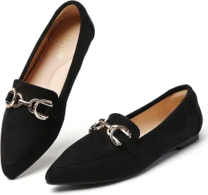 Tilocow Metal Chain Loafers Flats for Women Pointed Toe Slip on Flats Comfortable Fashion Work Business Shoes