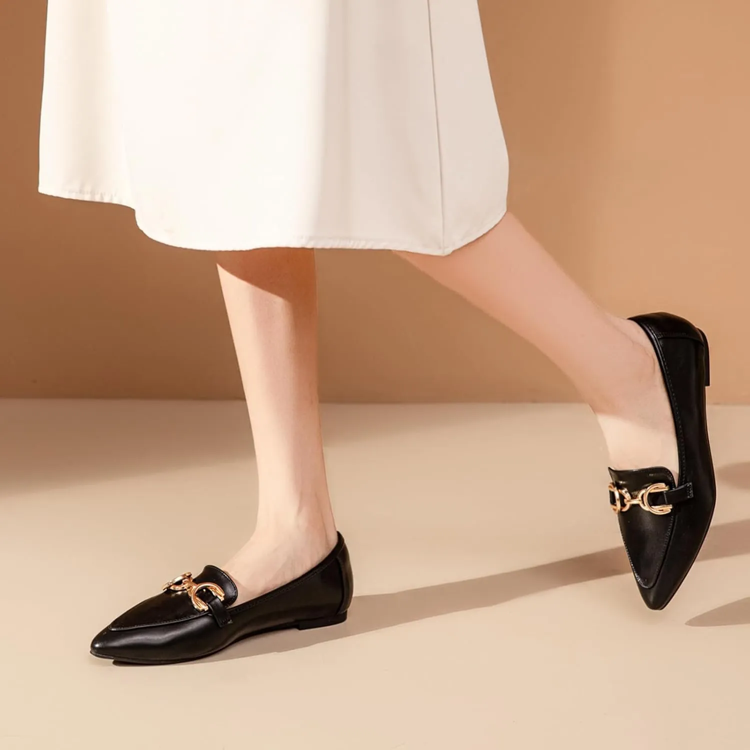 Tilocow Metal Chain Loafers Flats for Women Pointed Toe Slip on Flats Comfortable Fashion Work Business Shoes