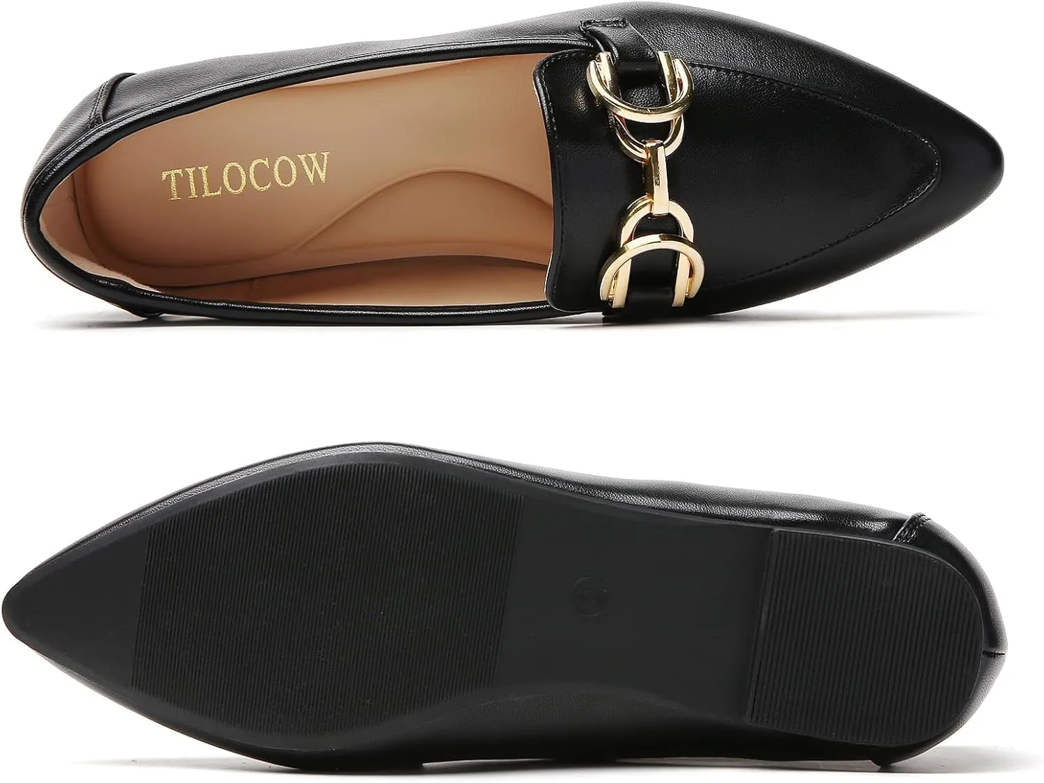 Tilocow Metal Chain Loafers Flats for Women Pointed Toe Slip on Flats Comfortable Fashion Work Business Shoes